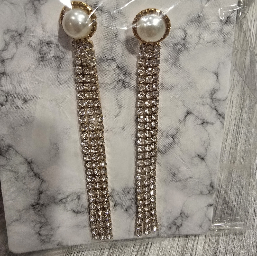 Pearl & Crystal Long Drop Earrings - Gold Tone